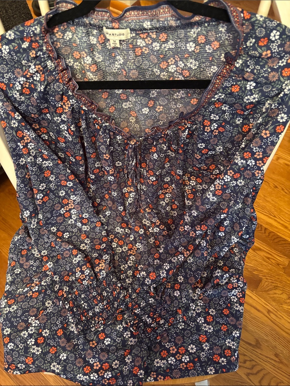 Max Studio Navy Floral Tie-Neck Top with Coral Accents - Picture 5 of 6